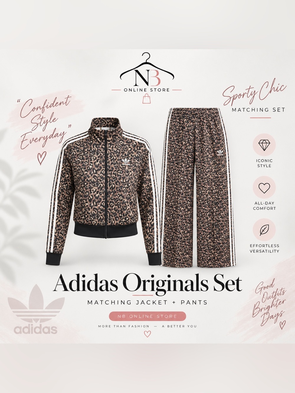 adidas Originals Women’s Leopard Print Track Jacket & Wide Leg Pants - Brown